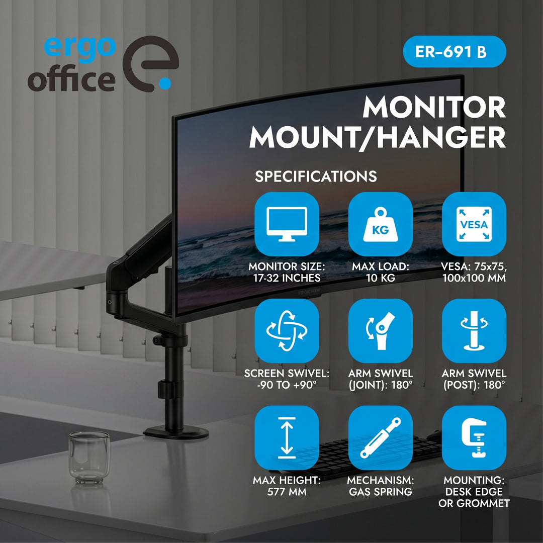 Ergo Office Monitor Mount/Hanger, Gas Spring, 17"-32", 1-10 kg, Matte Black, Max. VESA 100x100, ER-691 B