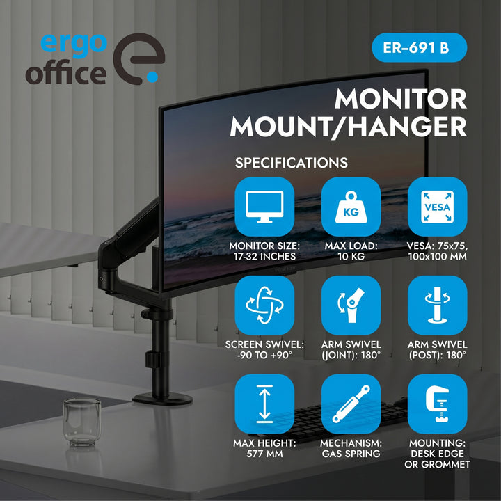 Ergo Office Monitor Mount/Hanger, Gas Spring, 17"-32", 1-10 kg, Matte Black, Max. VESA 100x100, ER-691 B