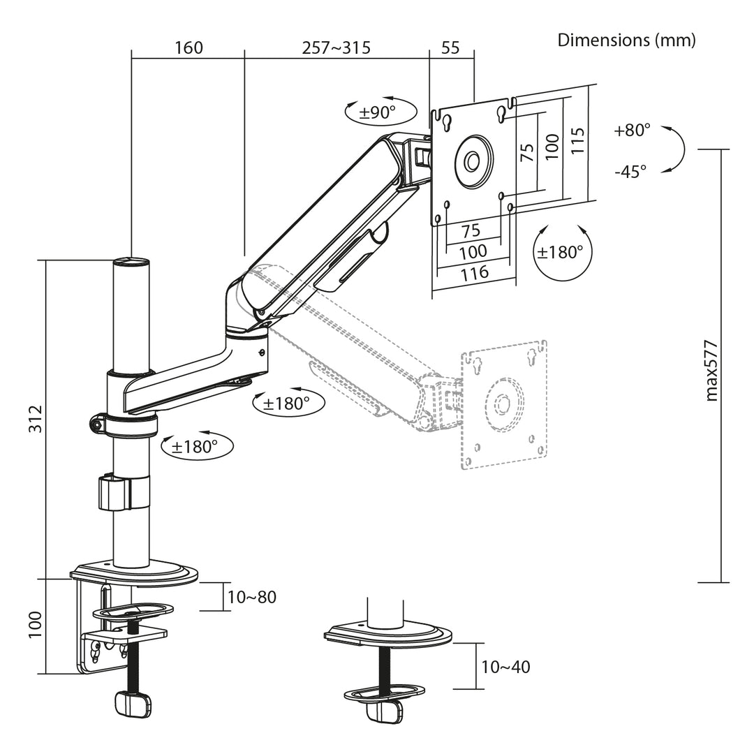 Ergo Office Monitor Mount/Hanger, Gas Spring, 17"-32", 1-10 kg, Matte White, Max. VESA 100x100, ER-691 W