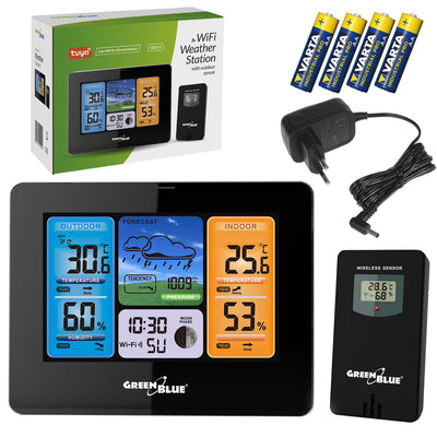 GreenBlue WiFi weather station, TUYA compliant, outdoor sensor, calendar, weather forecast, barometer, power adapter, batteries, GB215