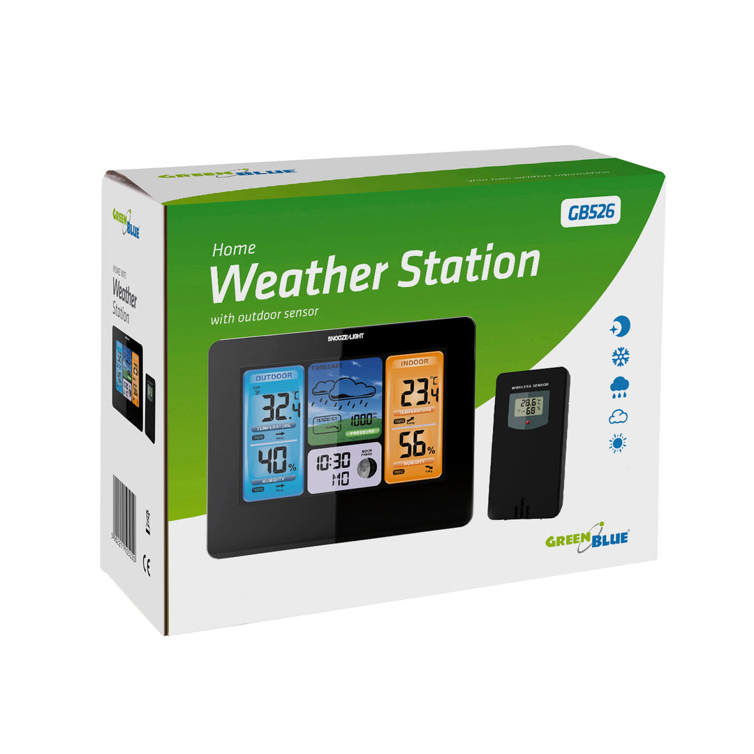 GreenBlue wireless weather station, color, with DCF system, moon phases, power adapter, batteries, GB526