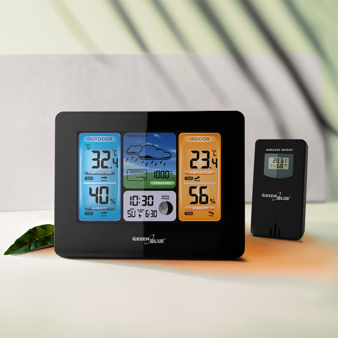 GreenBlue wireless weather station, color, with DCF system, moon phases, power adapter, batteries, GB526