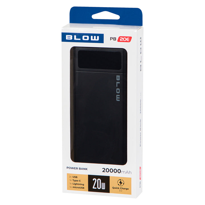 20,000 mAh PB20E Power Bank with QC+PD 20W and Lightning Connector, Black, by Blow