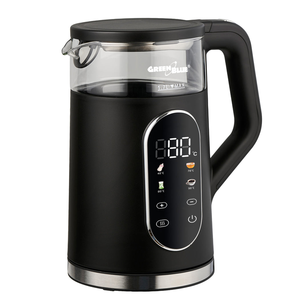 GreenBlue Cordless Electric Kettle, 1.7 L capacity, glass water tank, easy-to-read display, temperature selection, 2200 W, GB670 B