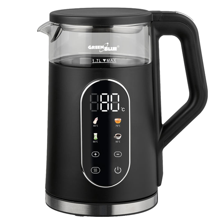 GreenBlue Cordless Electric Kettle, 1.7 L capacity, glass water tank, easy-to-read display, temperature selection, 2200 W, GB670 B