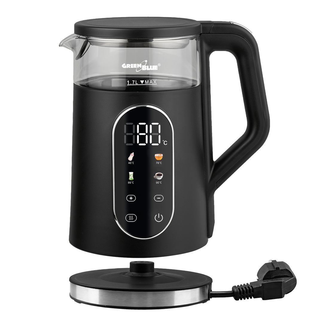 GreenBlue Cordless Electric Kettle, 1.7 L capacity, glass water tank, easy-to-read display, temperature selection, 2200 W, GB670 B
