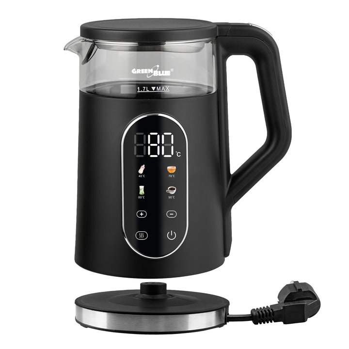 GreenBlue Cordless Electric Kettle, 1.7 L capacity, glass water tank, easy-to-read display, temperature selection, 2200 W, GB670 B