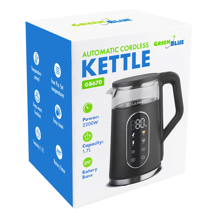 GreenBlue Cordless Electric Kettle, 1.7 L capacity, glass water tank, easy-to-read display, temperature selection, 2200 W, GB670 B