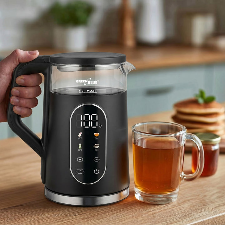 GreenBlue Cordless Electric Kettle, 1.7 L capacity, glass water tank, easy-to-read display, temperature selection, 2200 W, GB670 B