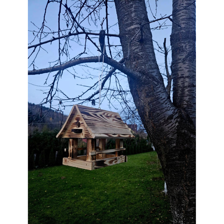 Woodok bird feeder, wooden, tan, hanging hook + bird seed 1kg.