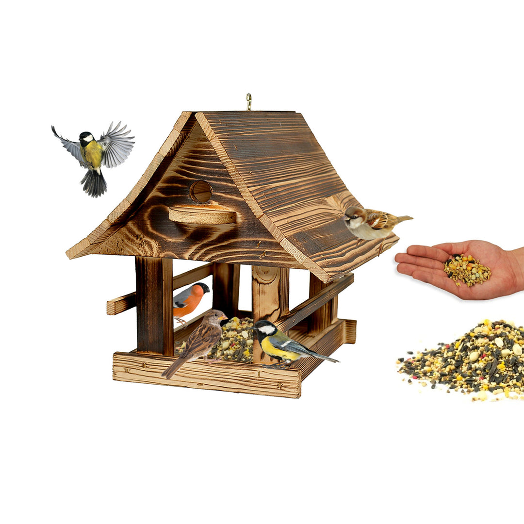Woodok bird feeder, wooden, tan, hanging hook + bird seed 1kg.
