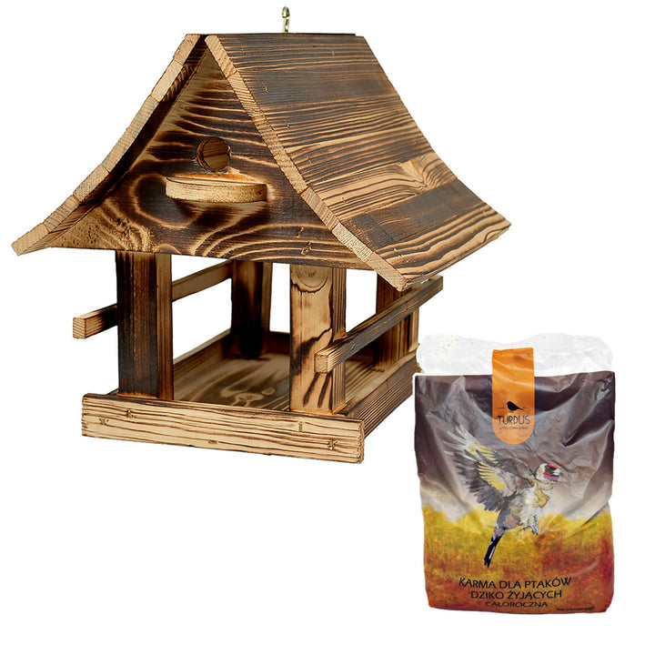 Woodok bird feeder, wooden, tan, hanging hook + bird seed 1kg.