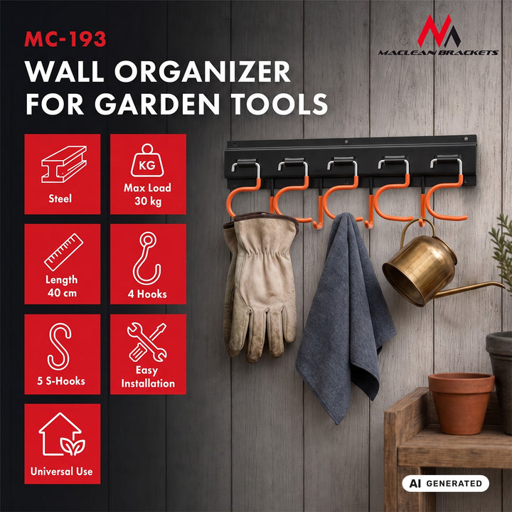 Maclean Wall-Mounted Garden Tool Organizer, steel, with hooks, max. load 30 kg, width 40 cm, MC-193