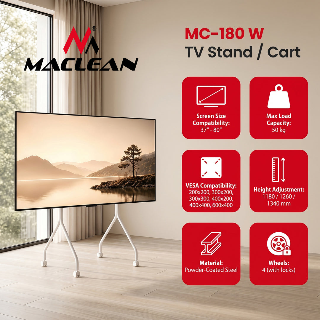 Maclean TV Stand / Cart, on wheels, 37–80", max. load 50 kg, max. VESA 600x400, white, MC-180 W