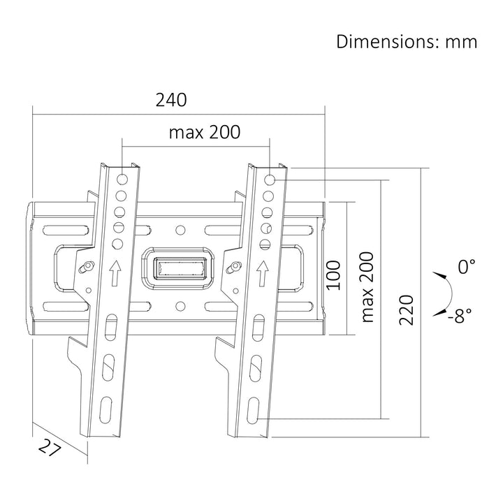 Maclean TV Mount / Bracket, max VESA 200x200, 13-43", up to 45 kg, black, tilt adjustment +2°–-10°, MC-189