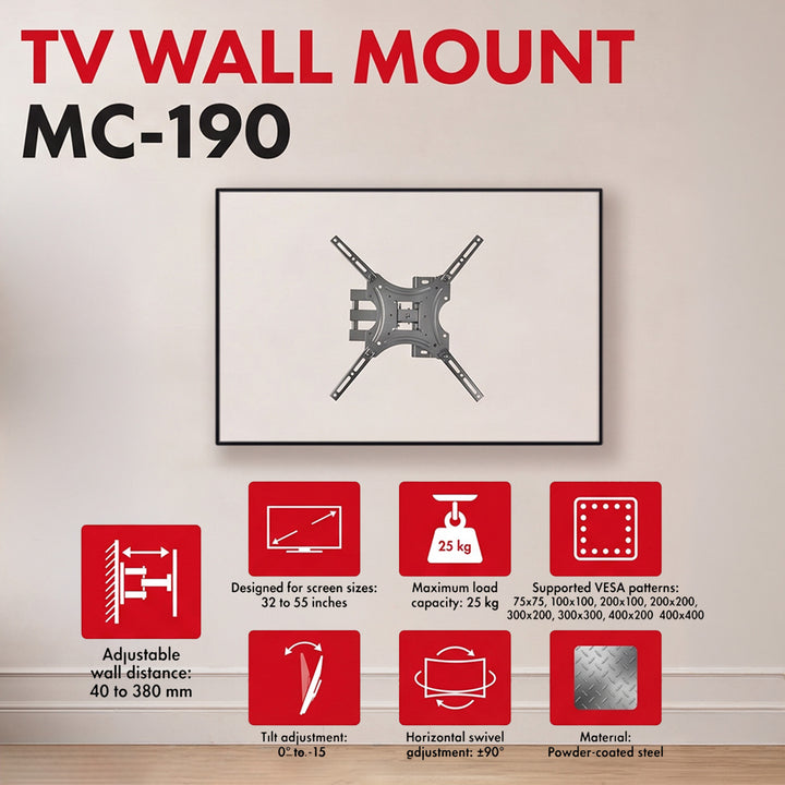 Maclean TV Mount / Bracket, max VESA 400x400, 32-55", up to 25 kg, black, tilt adjustment 0°–-15° and swivel adjustment +90°–-90°, MC-190