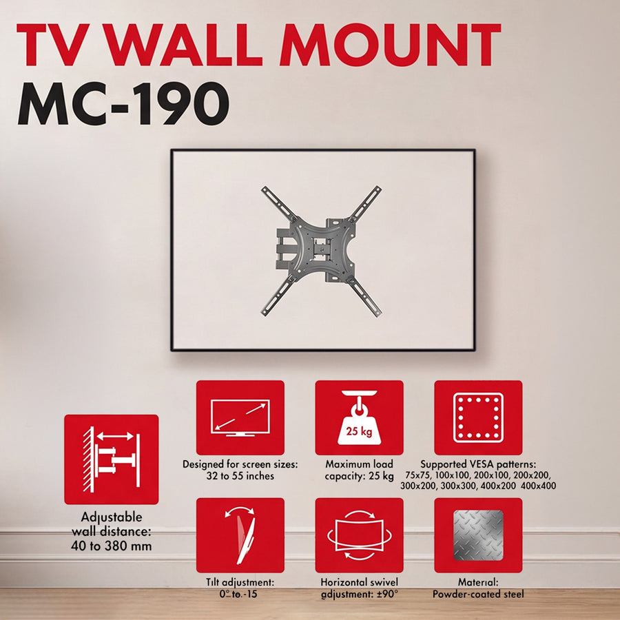 Maclean TV Mount / Bracket, max VESA 400x400, 32-55", up to 25 kg, black, tilt adjustment 0°–-15° and swivel adjustment +90°–-90°, MC-190