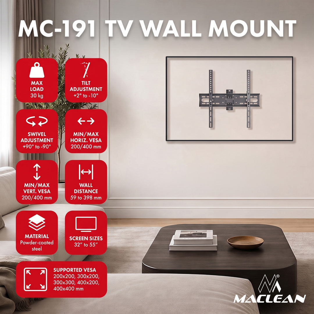 Maclean TV Mount / Bracket, max VESA 400x400, 32-55", up to 30 kg, black, tilt adjustment +2°–-10° and swivel adjustment +90°–-90°, MC-191