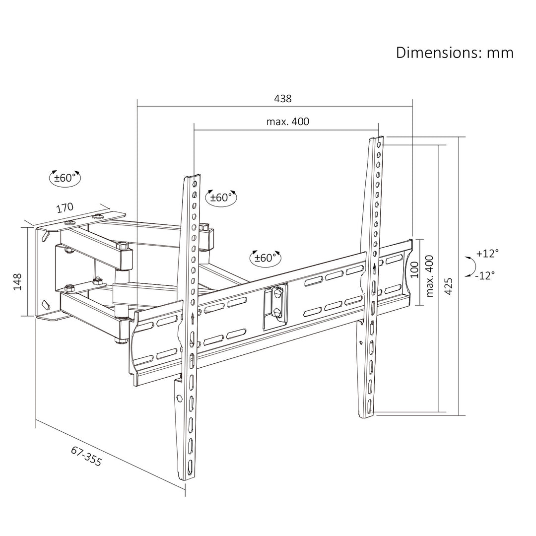 Maclean TV Mount / Bracket, max VESA 400x400, 32-70", up to 40 kg, black, tilt adjustment +12°–-12° and swivel adjustment +60°–-60°, MC-192