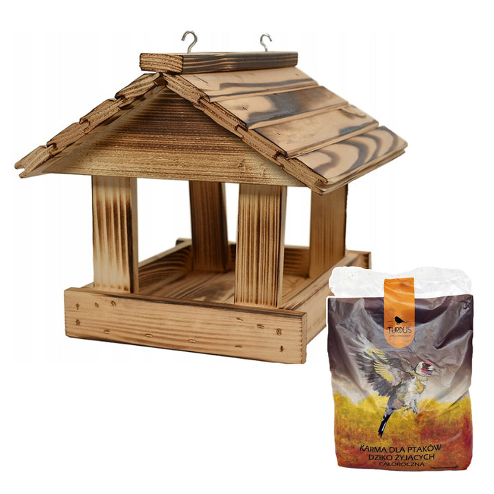 Woodok bird feeder, spruce wood, fired, strong hooks + bird seed 1kg.