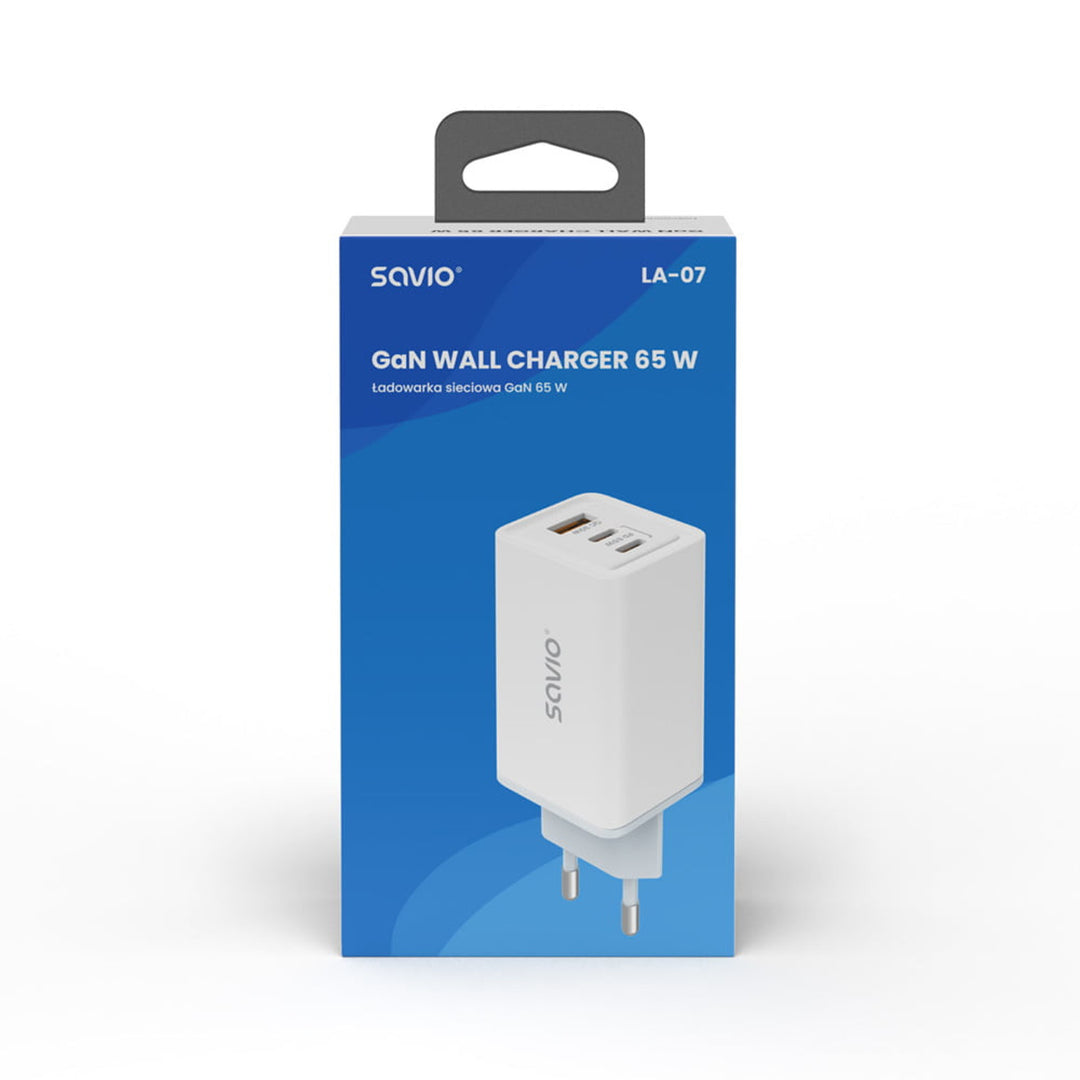 Savio Power Charger, 1x USB-A, 2x USB-C, GaN, 65W, white, SAVLA-07