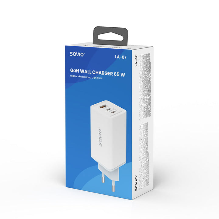 Savio Power Charger, 1x USB-A, 2x USB-C, GaN, 65W, white, SAVLA-07