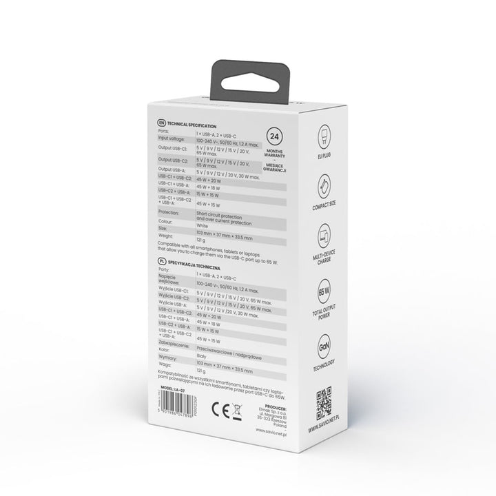 Savio Power Charger, 1x USB-A, 2x USB-C, GaN, 65W, white, SAVLA-07