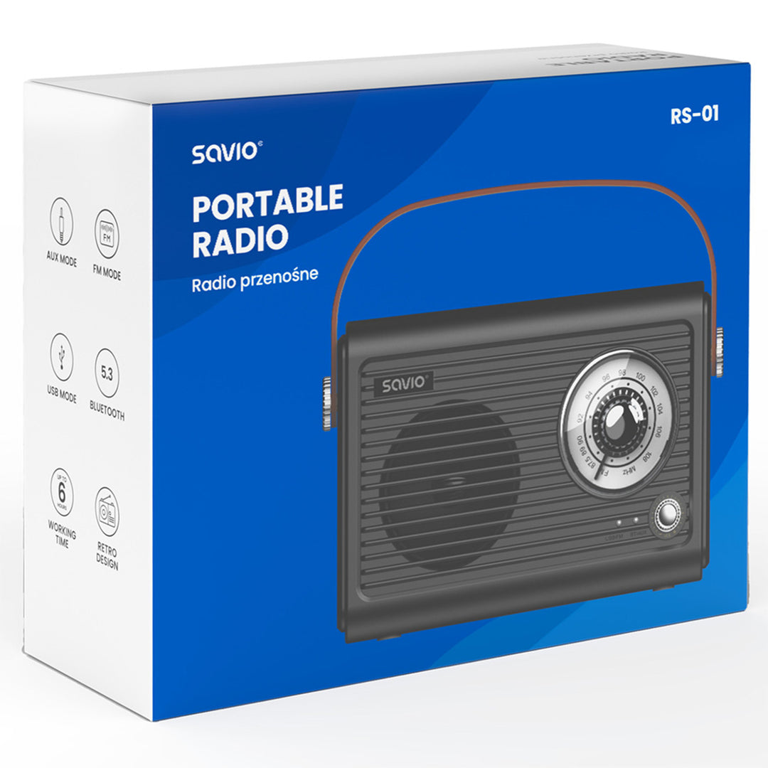 Savio portable FM radio, battery-powered, Bluetooth, AUX, SAVRS-01