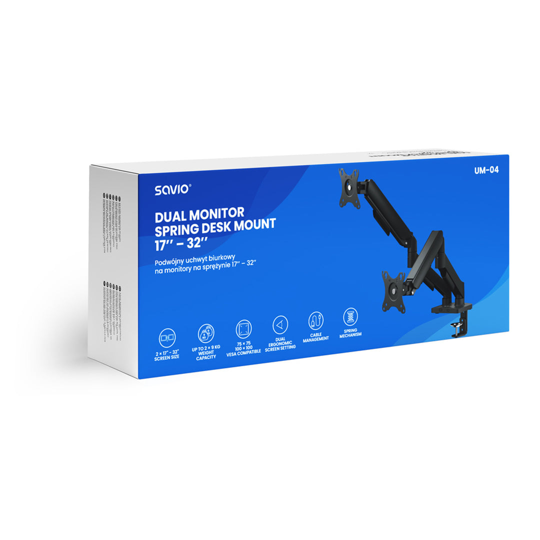 Savio double monitor desk mount, 17-32'', 9kg load per monitor, VESA, spring mechanism, black, SAVUM-04