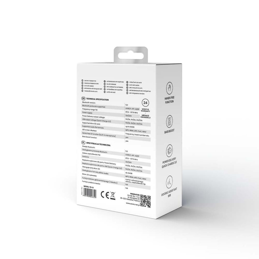 Savio MP3 car transmitter, Bluetooth 5.0, charging function, black, SAVFMTRANSTR-12