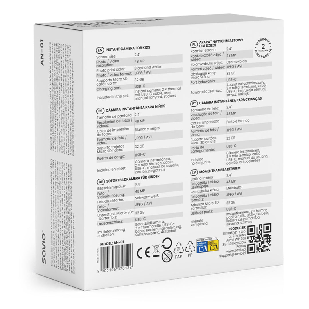 Savio instant camera for children, 48MP resolution, 2.4'' screen, 2 thermal rolls, SAVAN-01