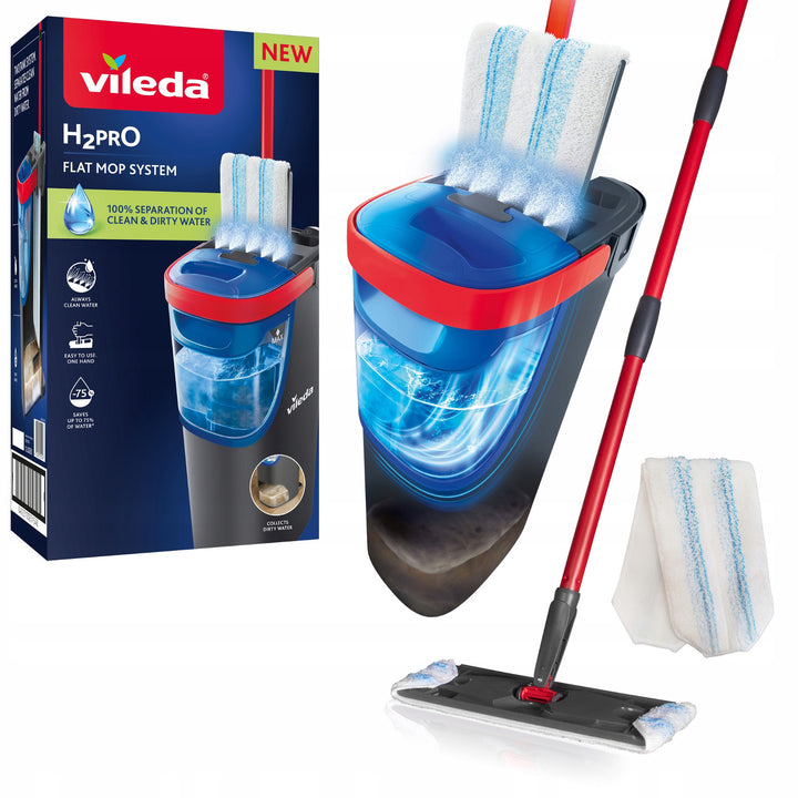 Vileda H2prO flat mop, 100% clean/dirty water separation, two reservoirs, microfiber pad, 360° tip, 175774
