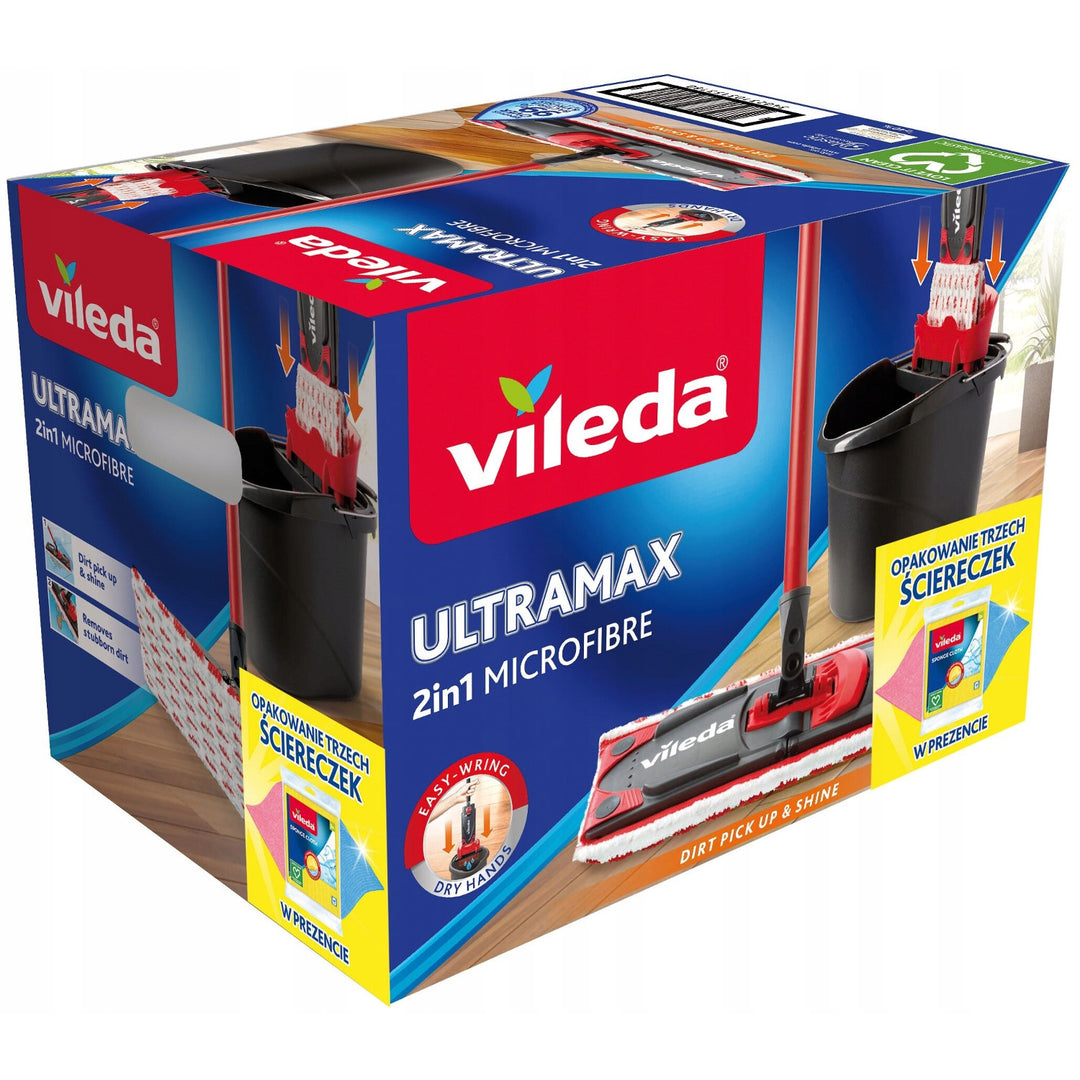 Vileda flat mop + bucket + 3 cloth set, Ultramax BOX, non-contact drainage system, two types of fibers, 177453