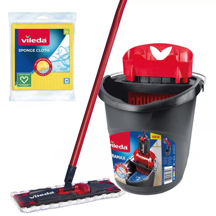 Vileda flat mop + bucket + 3 cloth set, Ultramax BOX, non-contact drainage system, two types of fibers, 177453