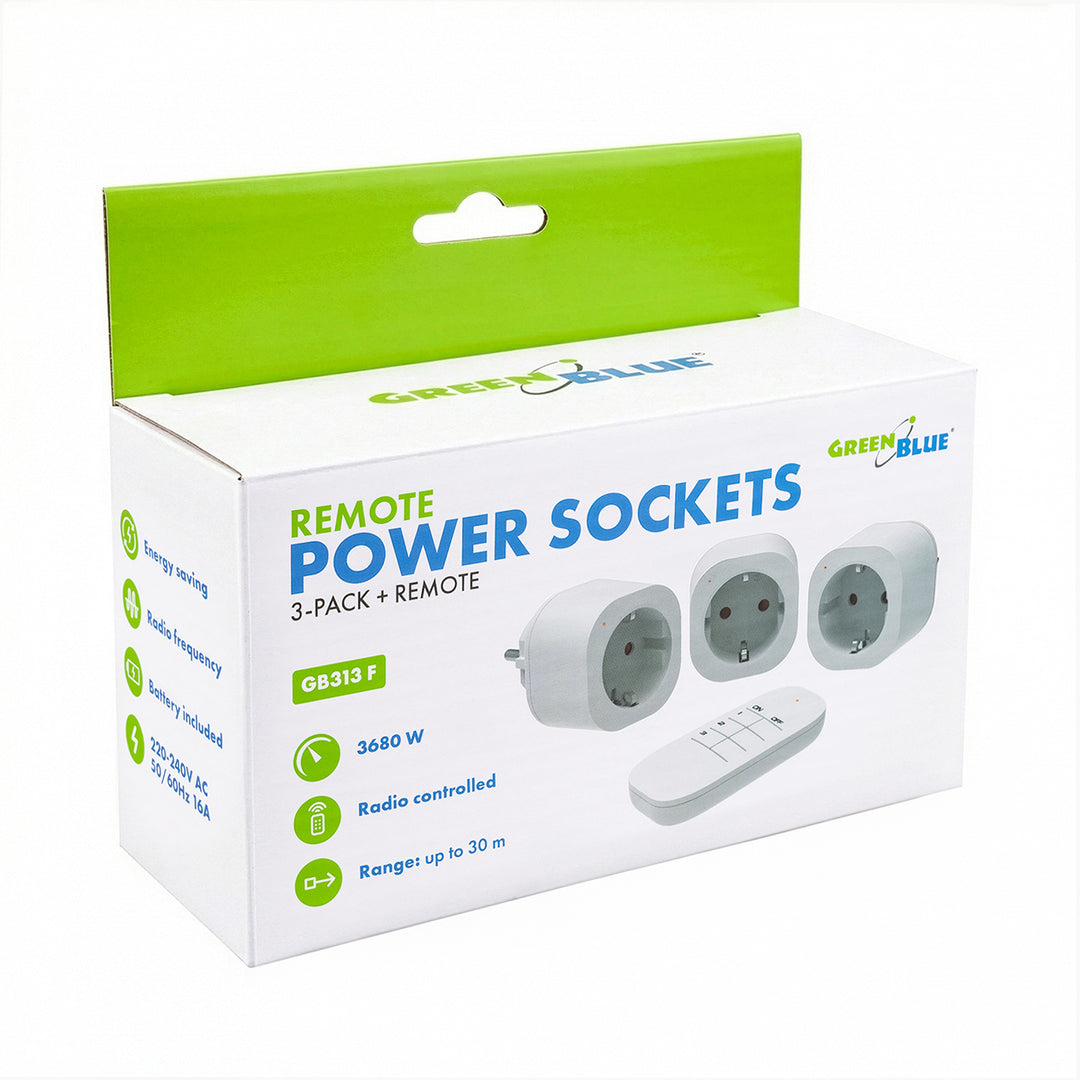 GreenBlue Remote-Controlled Outlets, 3-Pack, Programmable, Range up to 30 m, 220–240 V AC, 50/60 Hz, 16 A, 433 MHz, GB313 F