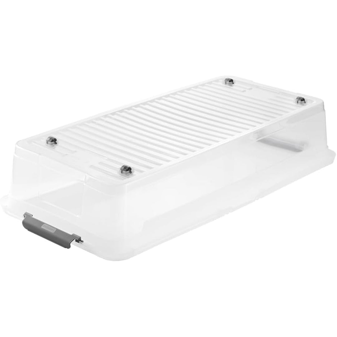 Leo Keeeper container with lid, capacity 33L, clear, has wheels, lid closes with clips