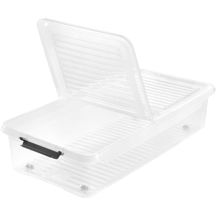 Leo Keeeper container with lid, capacity 33L, clear, has wheels, lid closes with clips