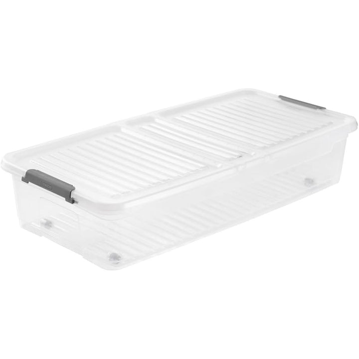 Leo Keeeper container with lid, capacity 33L, clear, has wheels, lid closes with clips