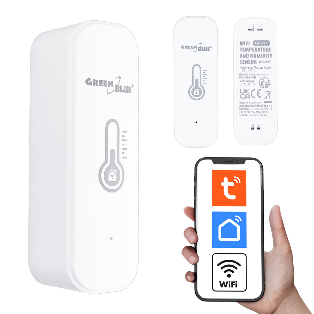 GreenBlue WiFi Temperature and Humidity Sensor, Android/iOS/Alexa/Google Home, 3.0V DC, LR03x2, GB737