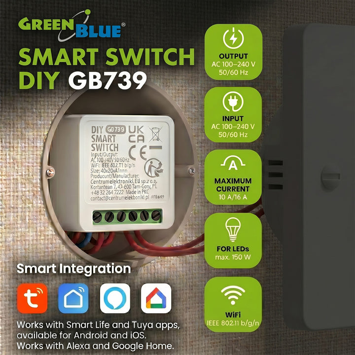 GreenBlue Flush-Mount WiFi Relay, Android/iOS/Alexa/Google Home, 100–240 V AC, 50/60 Hz, max. 16 A, for 150 W LEDs, GB739
