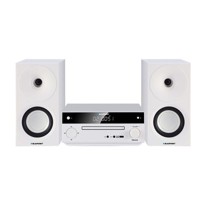 Blaupunkt micro system, 150W power, FM radio, AUX socket and USB port, Bluetooth, HDMI input, clock with alarm, LED display, white color, MS30.02BT