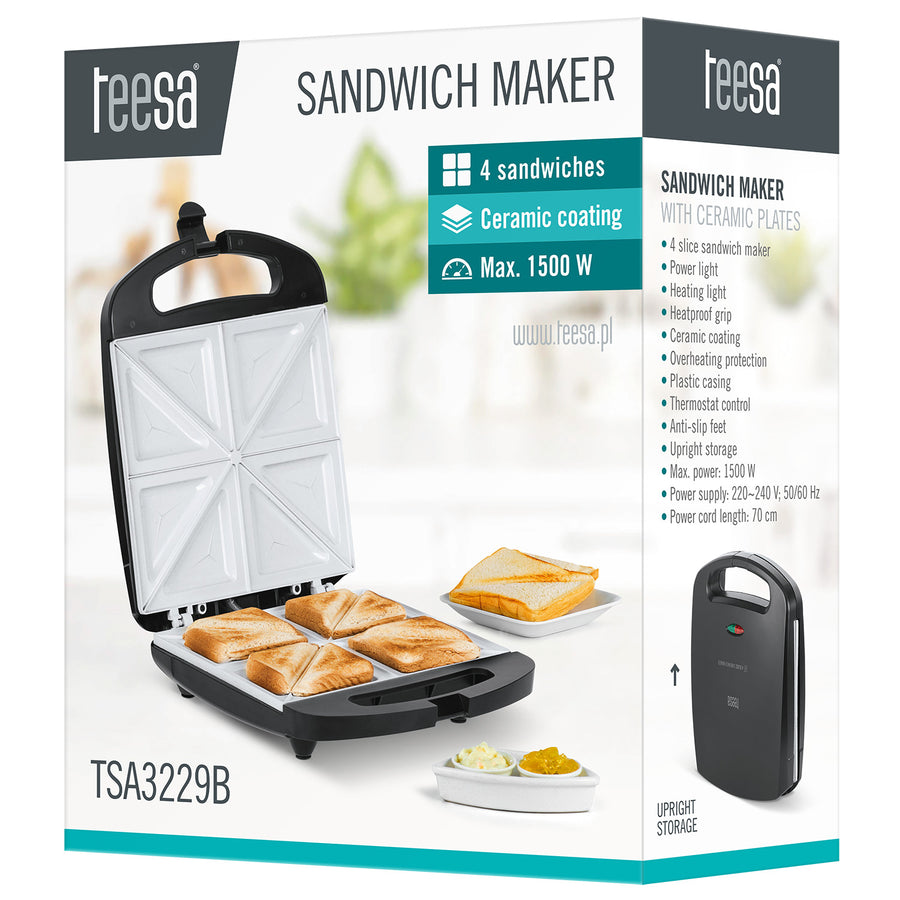 Teesa sandwich maker, ceramic inserts, for 4 sandwiches, maximum power 1500 W, TSA3229B
