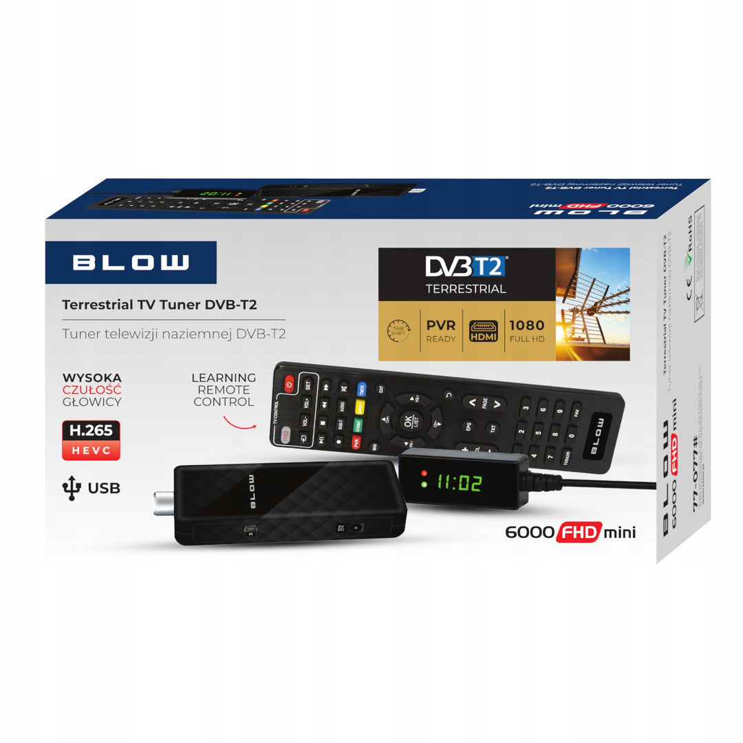 Blow DVB-T/T2 tuner, H.265, 6000FHD, Timeshift function, multiple languages, media player function, USB port, 77-077#