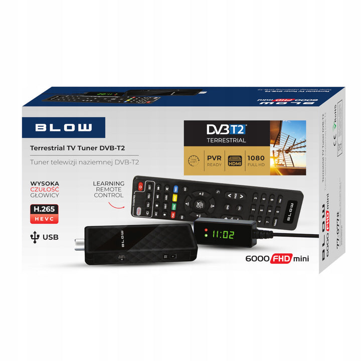 Blow DVB-T/T2 tuner, H.265, 6000FHD, Timeshift function, multiple languages, media player function, USB port, 77-077#