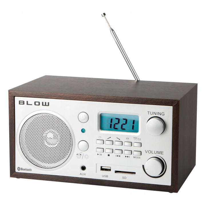 Blow portable analog radio, Bluetooth function, USB, AUX, and SD connectors, AM/FM radio reception, LCD display, clock and alarm, 77-531#