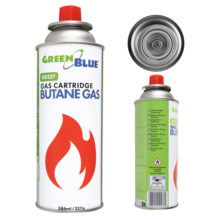 GreenBlue 227g gas cartridge. Certification: Pi 0875, compliant with EN 417, butane, operating range: -10°C to +40°C, GB227