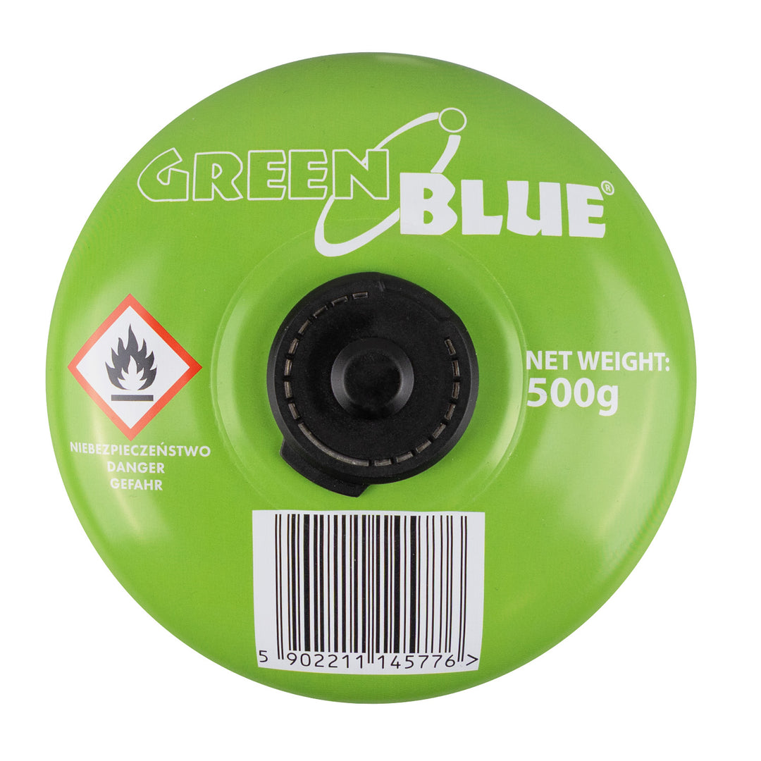 GreenBlue 500g gas cartridge. Certification: Pi 0437, compliant with EN 417, butane-propane, operating range -10°C to +40°C, 7/16'' threaded valve GB499