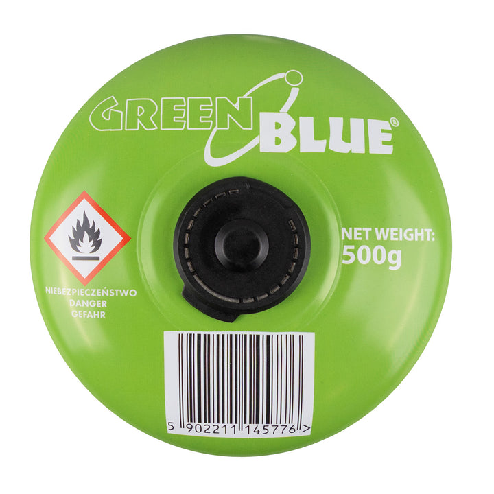 GreenBlue 500g gas cartridge. Certification: Pi 0437, compliant with EN 417, butane-propane, operating range -10°C to +40°C, 7/16'' threaded valve GB499