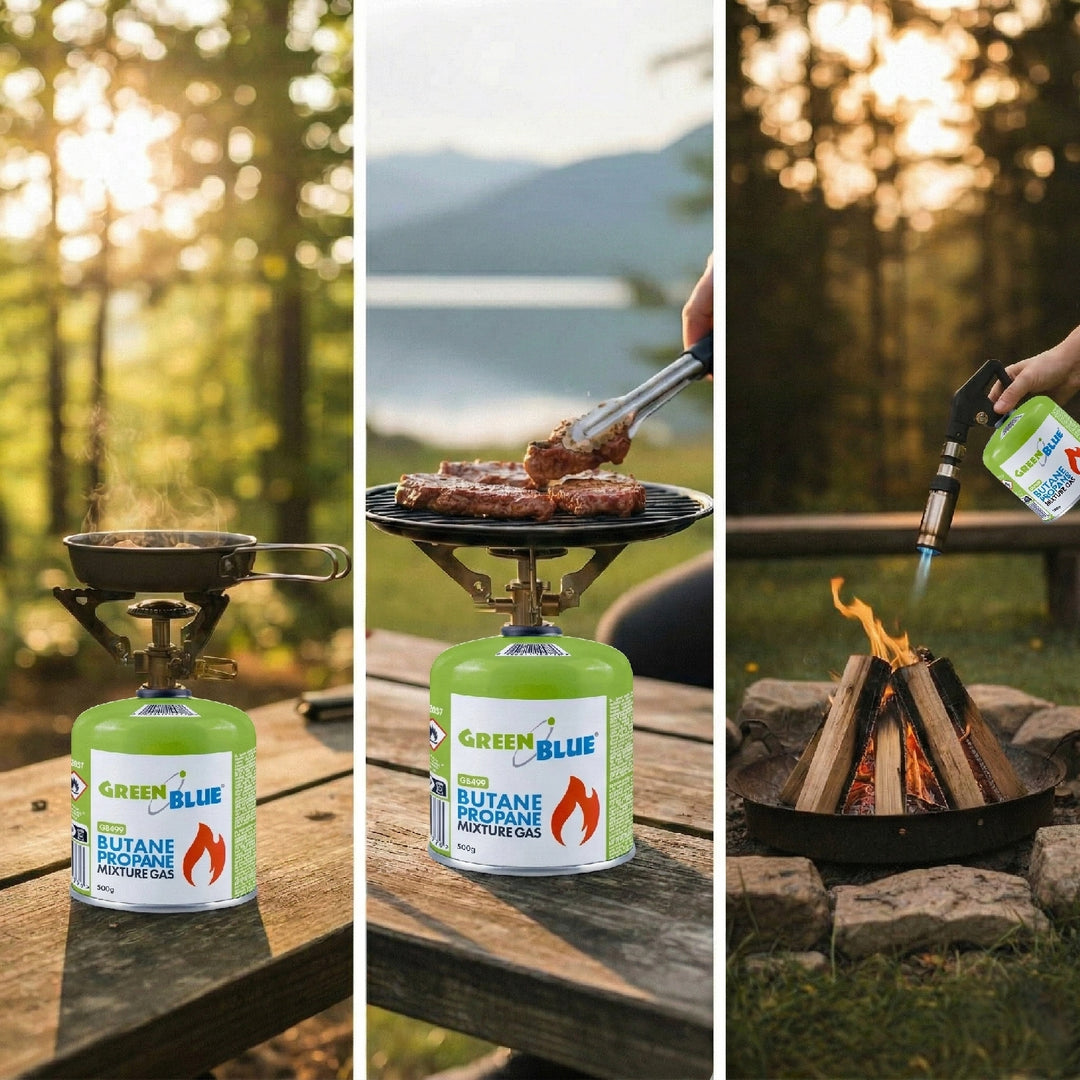 GreenBlue 500g gas cartridge. Certification: Pi 0437, compliant with EN 417, butane-propane, operating range -10°C to +40°C, 7/16'' threaded valve GB499