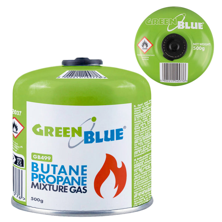 GreenBlue 500g gas cartridge. Certification: Pi 0437, compliant with EN 417, butane-propane, operating range -10°C to +40°C, 7/16'' threaded valve GB499